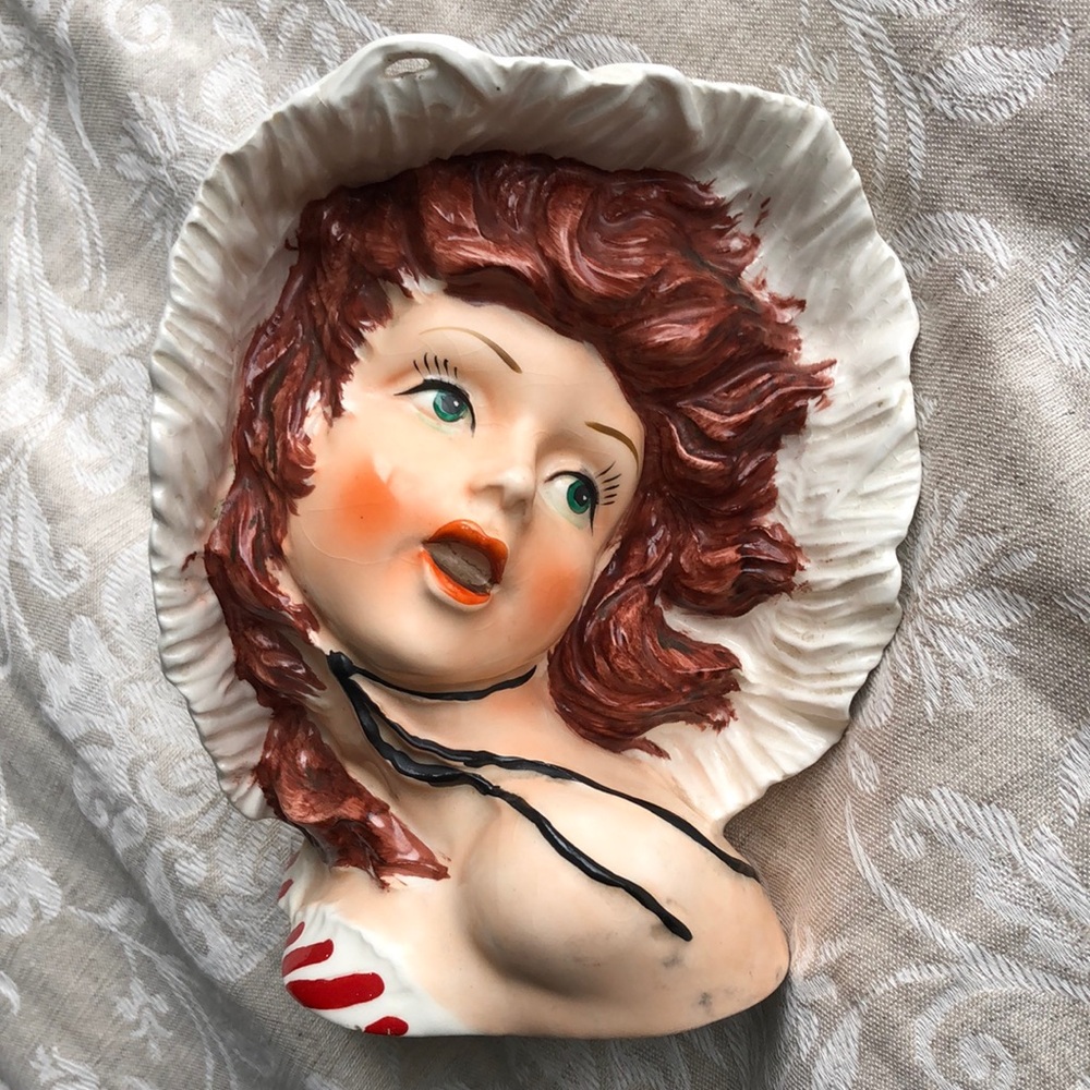 Lady Head Vase Vintage Porcelain Hand Painted Straw Hat Bathing Suit Beach Gal